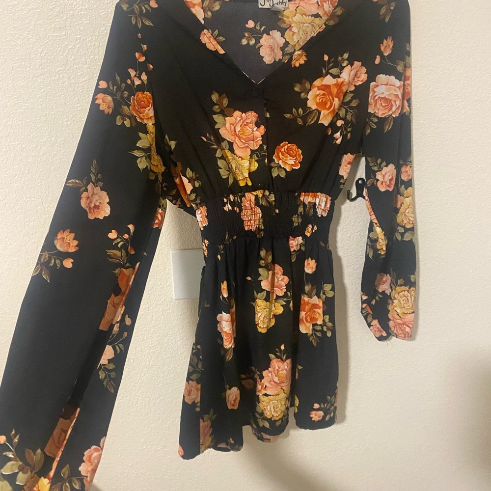 J for Justify Black Dress with Yellow and Pink Floral Design